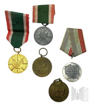 PRL - Ensemble de médailles de la PRL : Médaille pour Varsovie 1939-1945, Médaille pour les mérites dans la défense des frontières polonaises (2 versions), Médaille du 40e anniversaire de la République populaire de Pologne, Médaille pour l'Odra, la Nysa,