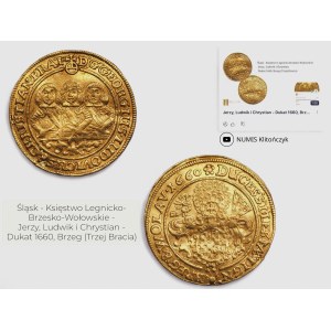 Slezsko - knížectví legnicko-brzesko-wołowskie - Jerzy, Ludwik a Chrystian - Dukát 1660, Brzeg (Tři bratři)