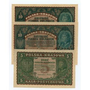 5, 10 marek polskich 1919 - zestaw 3 banknotów