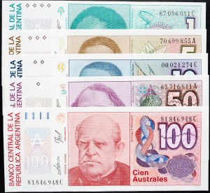 Argentína, 1, 5, 10, 50, 100 Australes 1987-1990