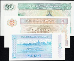 Birmania, 1, 5, 20 Kyats 1994-1997