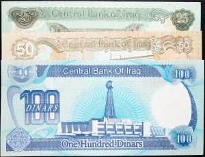 Irak, 25, 50, 100 dinárov 1990, 1994, 1994