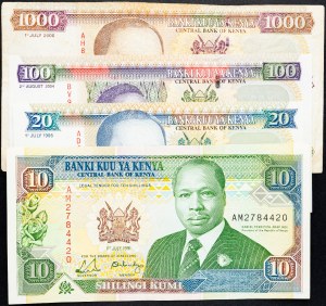 Kenia, 10, 20, 100, 1000 Shilingi 1991, 1995, 2004, 2000