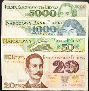 Poland, 20, 50, 1000, 5000 Zlotych 1982, 1988, 1982, 1982