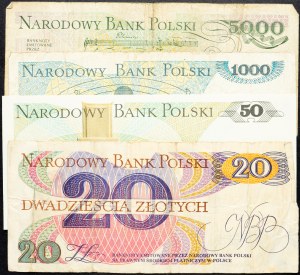 Polsko, 20, 50, 1000, 5000 zlotých 1982, 1988, 1982, 1982, 1982