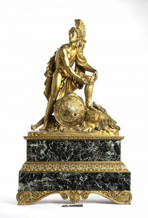 Orologio da camino francese in bronzo e marmo