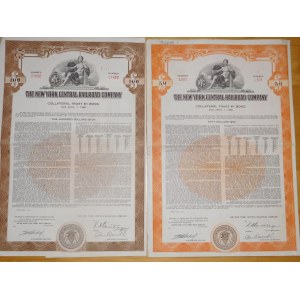 1955. COLLECTION OF 2 SHARES OF NEW YORK CENTRAL RAILROAD COMPANY STOCK. $50 AND $100.
