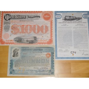 1900-1976. ZBIÓR 3 AKCJI. BALTIMORE AND OHIO RALROAD COMPANY. CANADIAN NATIONAL RAILWAY COMPANY. WESTSHORE RAILROAD COMPANY. 1000 USD.