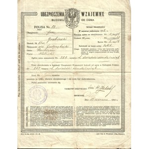 1918 [UBEZPIECZENIA - UBEZPIECZENIA WZAJEMNE BUDOWLI OD OGNIA - JASTRZĘBNIKI - PAMIĘCIN - KALISZ]. (…) Polisa nr 51 (…).