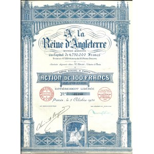 1924. [DOM HANDLOWY KRÓLOWA ANGLII W PARYŻU] A LA REINE D’ANGLETERRE. 100 FRANKÓW.