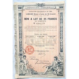 1889 [EIFFEL TOWER - WORLD EXHIBITION] EXPOSITION UNIVERSELLE DE 1889. 25 FRANCS.