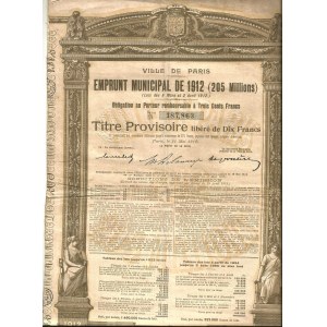 1912 [BOND OF THE CITY OF PARIS] VILLE DE PARIS EMPRUNT MUNICIPAL DE 1912. 10 FRANCS.