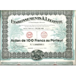 1928. [TOWARZYSTWO KOLONIALNE SENEGALU] COMPAGNIE INTERCOLONIALE AFRICAINE ETABLISSEMENT A. LECOMTE. 100 FRANKÓW.