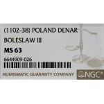 Boleslav III. Krivoprísažný 1107-1138, denár, Av.: Boje s drakom, Rv: R: kríž, medzi ramenami hviezdy a bodky.