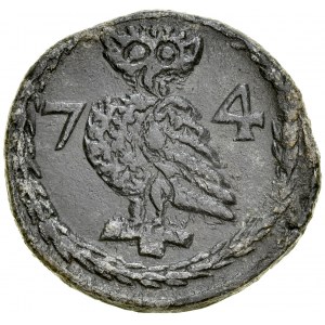 Gdańsk, Żeton 1574, jednostronny, A.: Stojąca Sowa, w polu cyfry 7-4, Rv.: Cyfry 74 ograniczone kwiatkami i trólistkami.