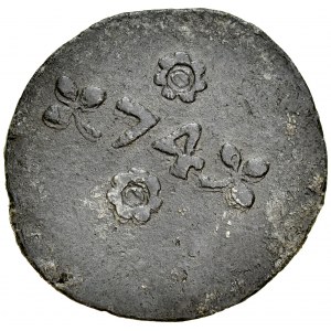 Gdańsk, Żeton 1574, jednostronny, A.: Stojąca Sowa, w polu cyfry 7-4, Rv.: Cyfry 74 ograniczone kwiatkami i trólistkami.