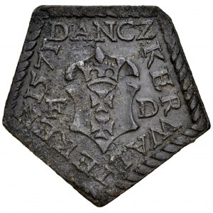 Gdańsk, Żeton 1571, A.: Renesansowy kartusz z herbem miasta Gdańska, po bokach litery F-B, napis otokowy: DANCZ / KER / WAL / TEKEN / 1571 Rv.: W polu data 1571 i ozdobniki.
