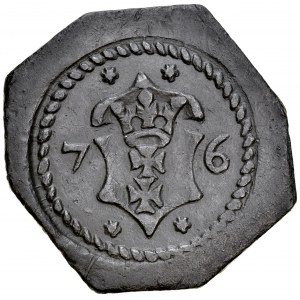Gdańsk, Żeton 1576, jednostronny, A.: Renesansowy kartusz z herbem miasta Gdańska, w polu cyfry 7-6 oraz ozdobniki. Multipla.