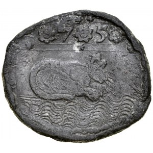 Gdańsk, Żeton 1575, A.: Kot leżący na falach, na nim cyfry *7*5*, Rv.: W polu cyfry 77 i ozdobniki.