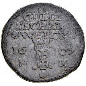 Gdańsk, Żeton 1607, A.: Herbem miasta Gdańska nad nim napis: GELDT / :SCHAR: / *WERCK* / 16-07, Rv.: Data 1607. Multipla.