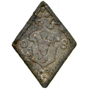 Gdańsk, Żeton 1608, A.: Renesansowy kartusz z herbem miasta Gdańska, w polu cyfry 16 / 0-8, ozdobniki w formie kwiatków, Rv.: Data 1608.