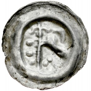 Pomorze Wschodnie, Świątopełk II Wielki 1217-1266, Brakteat guziczkowy, Pomorze Gdańskie, Av.: Ptak w prawo, w jego dziobie lilia, bo bokach kule. RR.