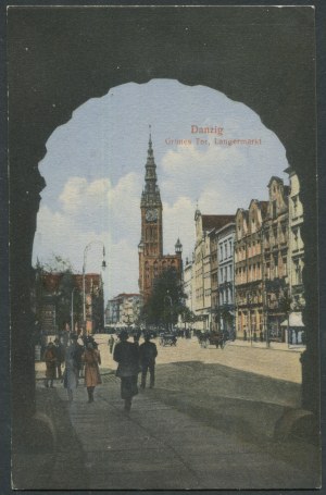 Gdansk Carte postale en couleurs Porte verte. Vue de la rue Długa et de l'hôtel de ville, début du 20e siècle.