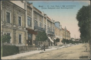 Carte postale des régions frontalières Stryj - 3go Maja Street et District Court vers 1915.
