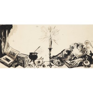 Jan Marcin Szancer (1902 Krakov-1973 Varšava), Ilustrace ke knize Příběh ocelového ježka. - u psacího stolu, 1963