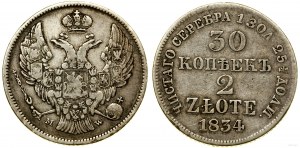Poland, 30 kopecks = 2 zlotys, 1834 MW, Warsaw