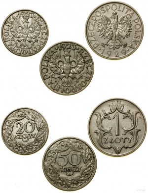 Polonia, set: 20 e 50 groszy 1923, 1 zloty 1929, Varsavia