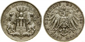Allemagne, 3 marks, 1909 J, Hambourg