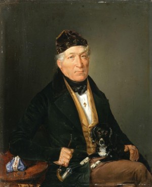 August MANSFELD , PORTRAIT D'UN HOMME AVEC UN CHIEN, 1837