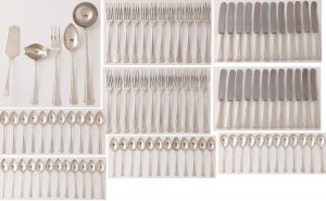 SET OF DISHERY IN ART DECO STYLE, Poland, Lviv, goldsmith V.B., after 1931, Silver, sample 3, stainless steel (knife blades), weight without knives 4324 g