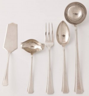 SET OF DISHERY IN ART DECO STYLE, Poland, Lviv, goldsmith V.B., after 1931, Silver, sample 3, stainless steel (knife blades), weight without knives 4324 g