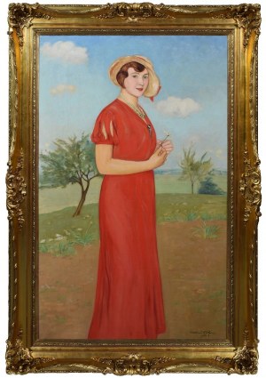 Wlastimil HOFMAN (1881-1970), Ritratto di donna in abito rosso, 1933