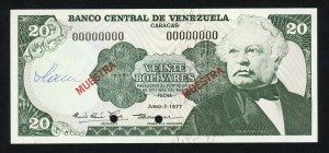 VENEZUELA - 20 bolivares 1998 MUESTRA 00000000 - autograph by designer Czeslaw Slania