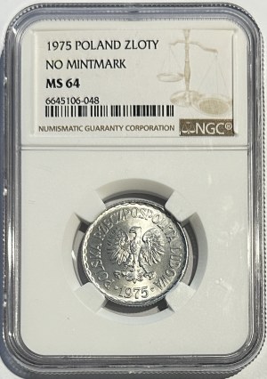 1 złoty 1975 bez znaku mennicy NGC MS64