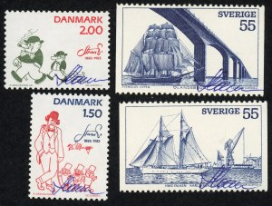 SWEDEN and DENMARK - set of 4 postage stamps - autographed by designer Czeslaw Slania