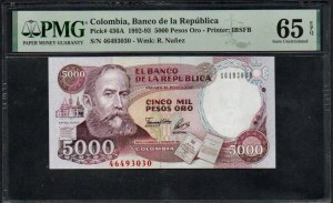 Kolumbie. Banco de la Republica 5000 pesos 1993