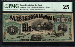Preu. Republica del Peru 5 Reales de Inca na 5 Soles 1881