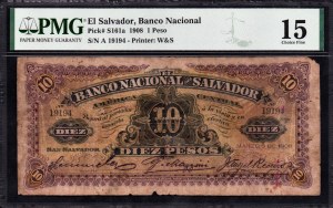 El Salvador. Banco Nacional 10 Pesos 1908