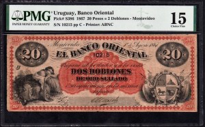 Uruguaj. Banco Oriental 20 pesos 2 doblones 1867