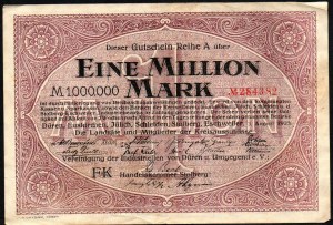 Niemcy. Düren, Euskirchen, Jülich, Stolberg i Eschweiler 1 milion marek 1923 r.