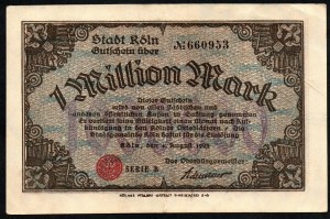 Německo. Kolín nad Rýnem 1 milion marek 1923