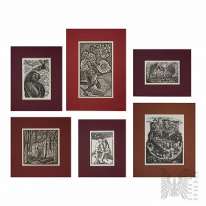 Soubor 6 dřevorytů od umělců ze Skupiny 9 grafiků. Přiložen je katalog výstavy 9 grafiků z roku 1949.