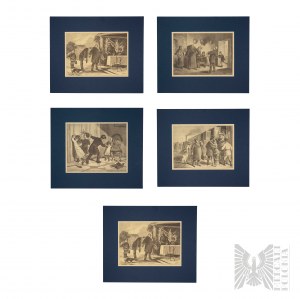 Franciszek Kostrzewski (1826 - 1911) - Scene di genere della vita della borghesia set di 5 xilografie
