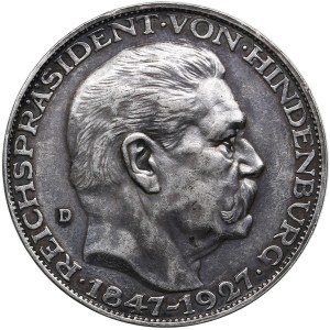 Německo (Výmarská republika) Stříbrná medaile velikosti 5 značky 1927 D - 80. narozeniny Paula von Hindenburga