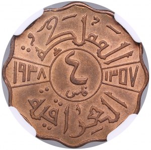 Irak, Hášimovské kráľovstvo (Kráľovská mincovňa, Londýn) 4 Fils AH 1357 / 1938 - Ghazi I (1933-1939) - NGC MS 64 RB