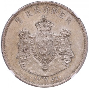 Norvegia 2 Corone 1907 - Indipendenza 1905 - Haakon VII (1905-1957) - DETTAGLI NGC UNC